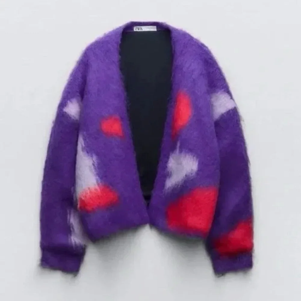 ZARA Brushed Fuzzy Finish Knit Open Cardigan Abstract Unique Purple Red L